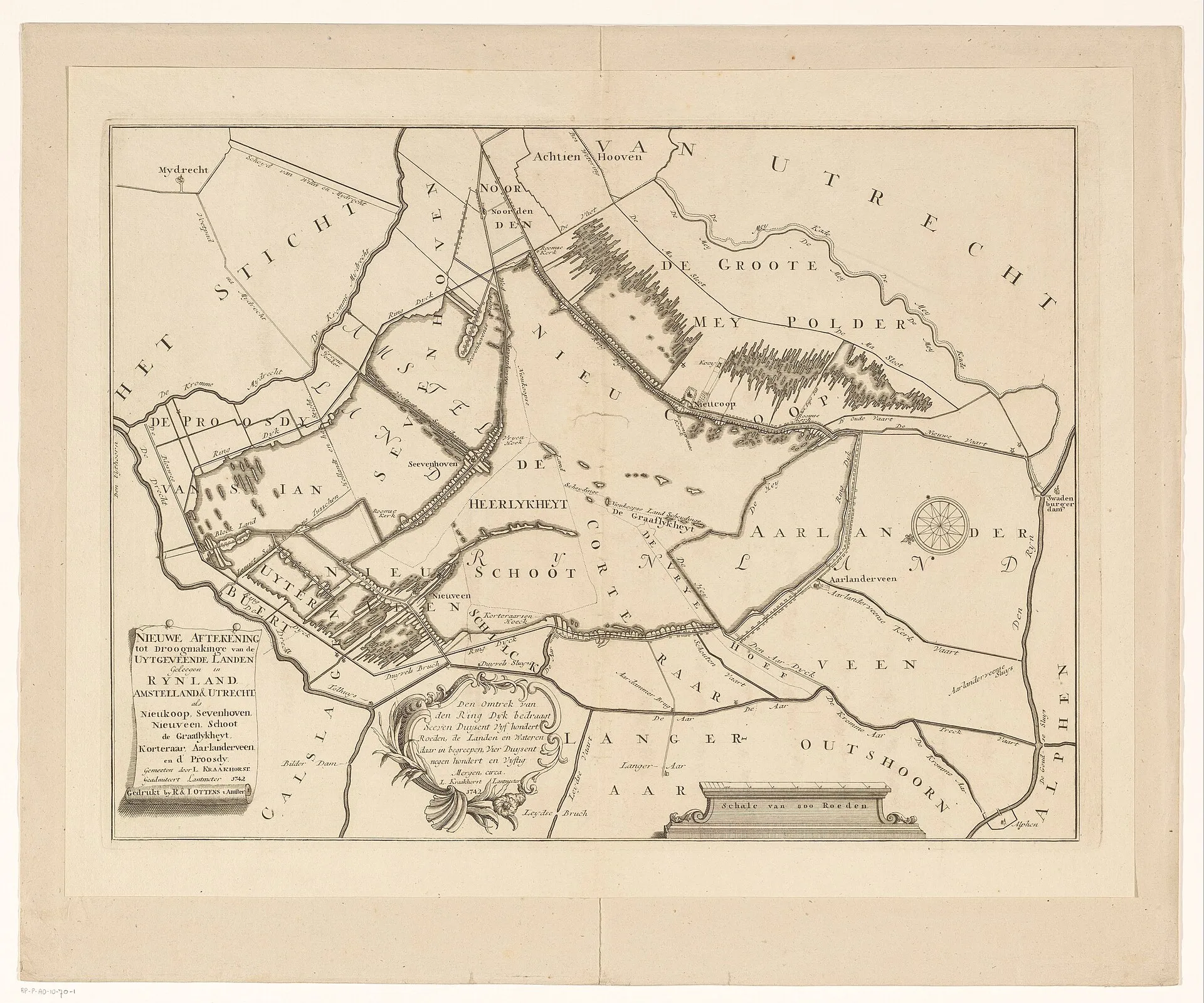 Kaart uit 1742 van de uitgeveende landen rond Nieuwkoop, Zevenhoven en Nieuwveen, getekend met het oog op droogmaking.